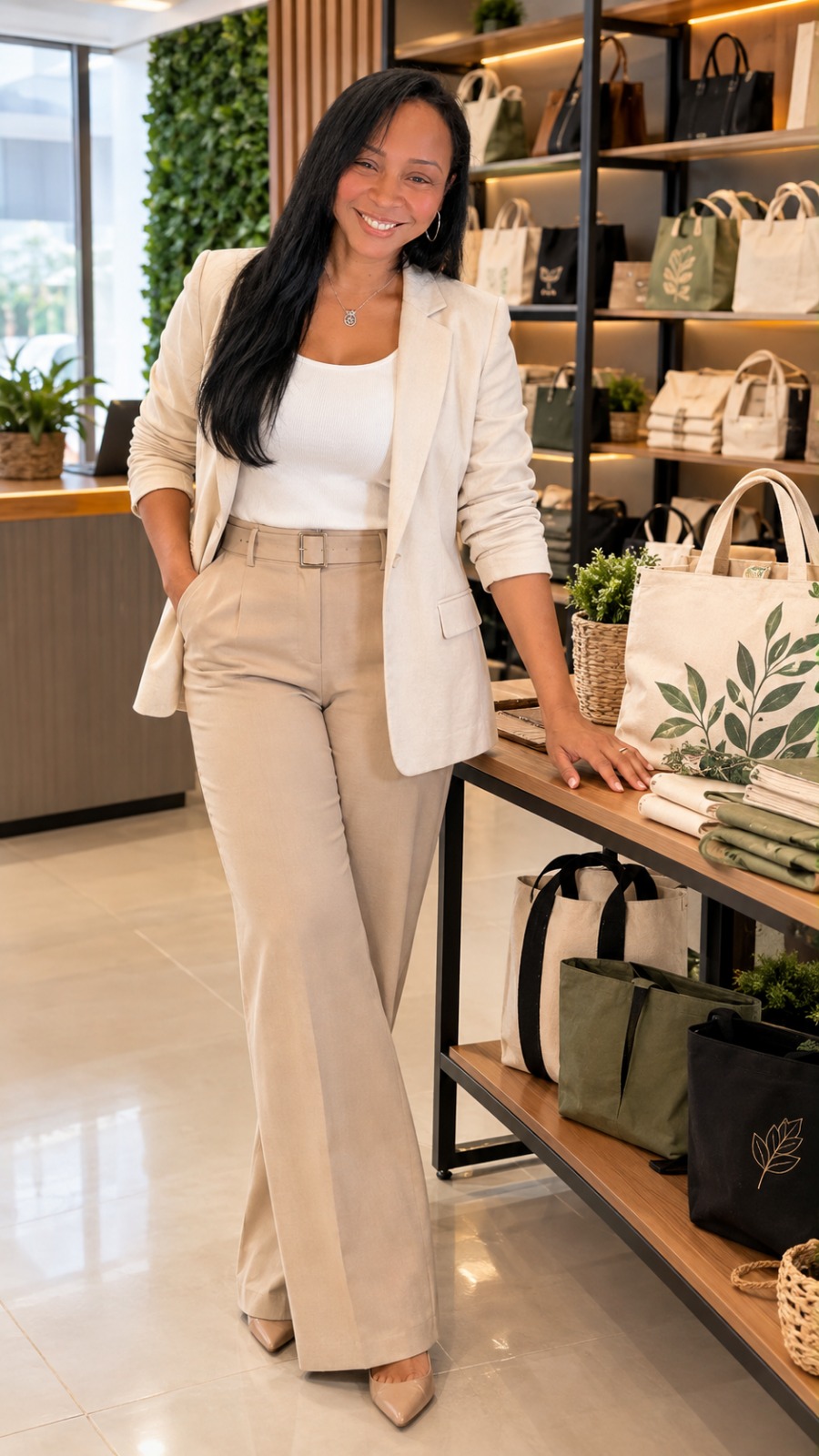 Fundadora da Nessa Bag na loja com as ecobags